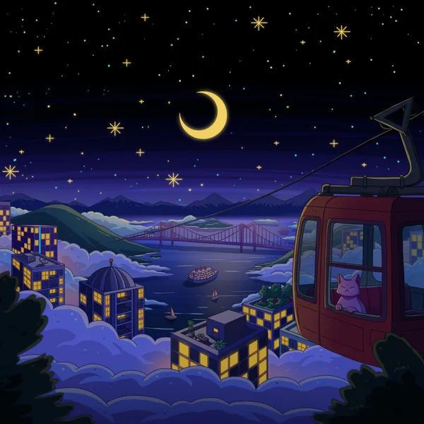 A red cable car gliding over a glowing night city and low clouds under a crescent moon, a cat looking out of its window