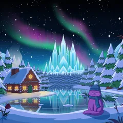 A purple cat in a beanie and scarf by a frozen lake, a gingerbread cottage and a crystal ice palace under a green and pink aurora