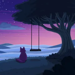A small cat sitting on a hill beside a big tree with an empty rope swing, looking over a sea of clouds at purple dusk
