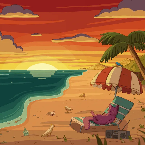 A purple cat lounging on a striped beach chair under an umbrella with a boombox, the sun setting over the sea, a palm tree and seagulls