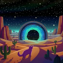 A purple cat walking over orange desert dunes with saguaro cacti toward a glowing blue-ringed stone portal under a starry sky