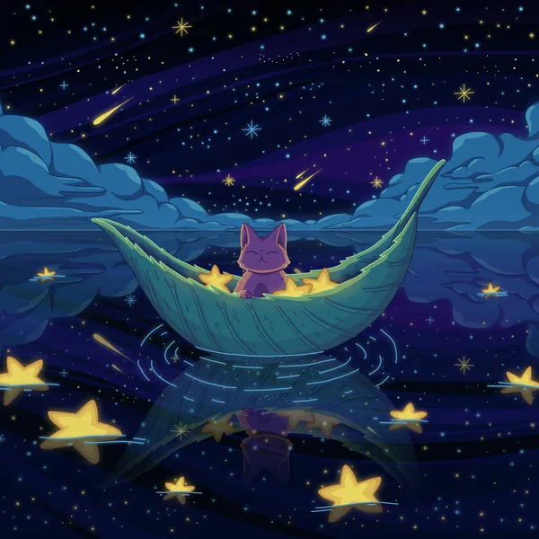 A purple cat in a leaf-shaped boat holding stars, floating on a reflective sea scattered with glowing yellow stars and swirling blue clouds