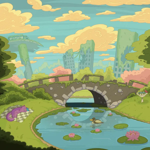 A purple cat napping on a checkered picnic blanket by a stone bridge and lily-pad pond, overgrown skyscrapers in soft pastel greens behind